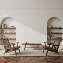 Minimalist living room with arched alcoves and wooden furniture