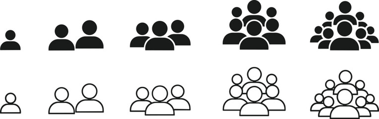 Group Size and Community Growth Icons Vector Set with People Silhouettes, Social Network, Team Building, Demographics, Population, Outline