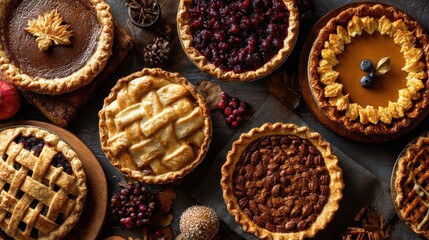 conceptual image of a table adorned with assorted thanksgiving pies