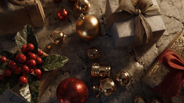 the festive holiday decorations with presents and bells on a surface