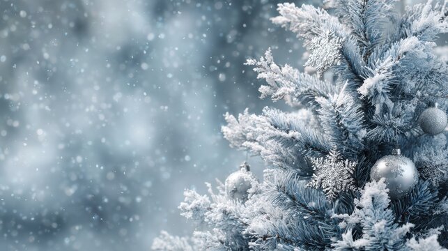 close up of a frosted christmas tree with silver ornaments and a winter wonderland text overlay