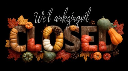 decorative we will be closed for thanksgiving text art with pumpkins and autumn leaves for holiday signage and announcements