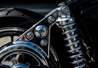 Closeup of a motorcycles chrome suspension component