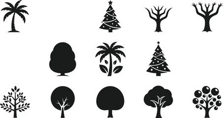 Tree Silhouette Icons Vector Set Featuring Palm, Christmas, Leafy, Fruit, Bare, Stylized Trees for Nature, Seasonal, Design Use