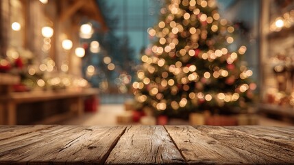 blurred xmas tree background over empty wooden table