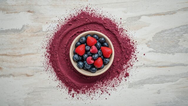 Fresh berries in a bowl surrounded by berry powder on a wooden surface. Fruit and health concept. Natural and fresh ingredients. The concept of superfoods and nutrition.