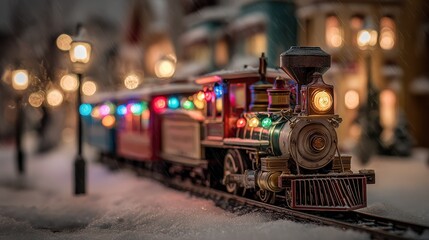 a vintage toy train adorned with colorful christmas lights chugs through a snowy village at night