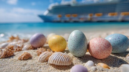 colorful speckled easter eggs on a sandy beach with seashells with a blurred cruise ship in the background suggesting a tropical holiday celebration concept with copy space