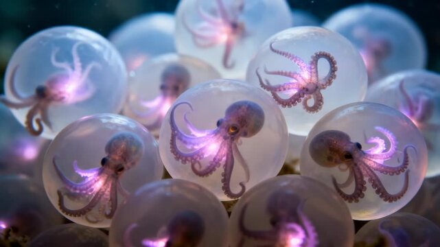 Mysterious Glowing Baby Octopuses Delicately Developing in Translucent Orbs