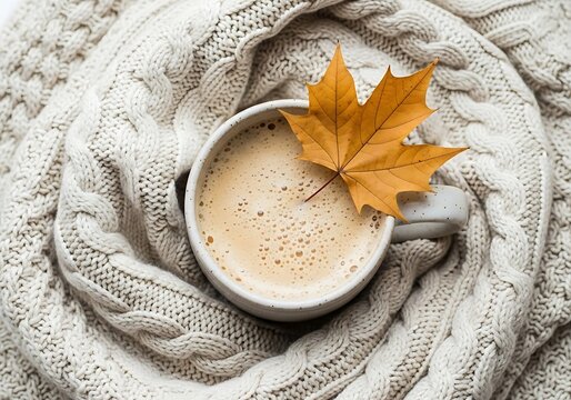 Autumn coffee cup with maple leaf on a cozy knitted blanket background
