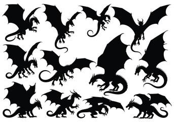 A collection of black silhouettes depicting various dragon poses and forms