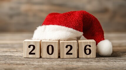 wooden set numbers 2026 sits atop festive holiday backdrop adorned bright red santa hat simple digits stark warm