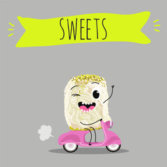 Funny Characters Turkish Halva confection, cubes with pistachio nut, layered chocolate tahini oriental dessert, hand drawn vector illustration.