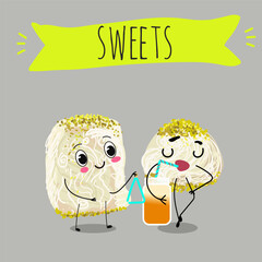 Funny Characters Turkish Halva confection, cubes with pistachio nut, layered chocolate tahini oriental dessert, hand drawn vector illustration.