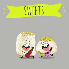 Funny Characters Turkish Halva confection, cubes with pistachio nut, layered chocolate tahini oriental dessert, hand drawn vector illustration.