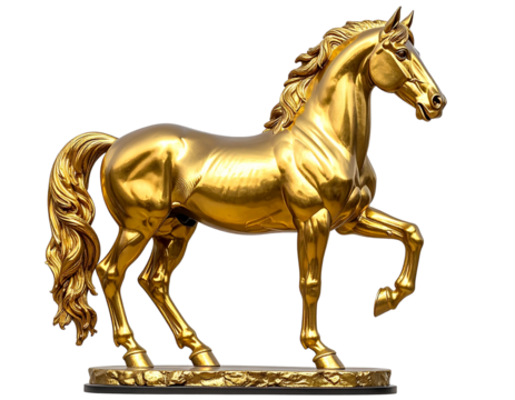 - Elegant Golden Horse Figurine in Majestic Pose, isolated on transparent background” 