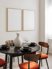Modern dining room with round table and orange chairs