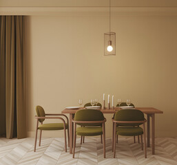 Modern dining room with warm tones and minimalist furniture