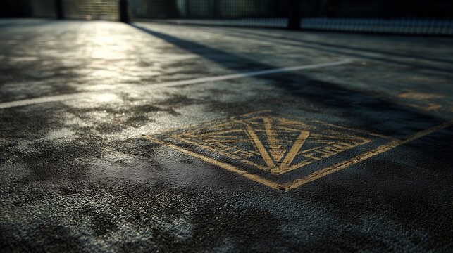Wet basketball court with a visible logo at dusk showcasing urban sport culture - Powered by Adobe
