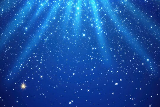 Blue background with stars and glowing light rays illustration starry night.