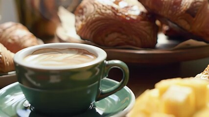Freshly baked croissants and mango slices on a wooden serving board