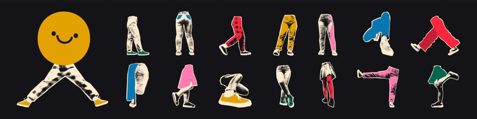 Fototapeta premium Legs wearing jeans, skirts and sneakers halftone art collage cut outs set. Various paper clippings, funny stickers, vintage dot texture and doodles. Modern retro grunge mixed media vector illustration