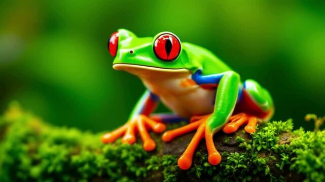 A vibrant red eyed tree frog perched on moss awaiting the rainforest dew with shallow focus and rich