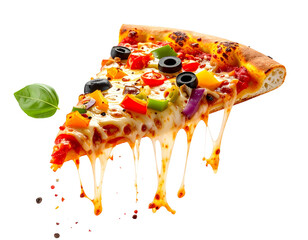 Steaming Veggie Pizza Slice with Melting Cheese, isolated on transparent background” 
