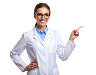  Confident Female Pharmacist Pointing Sideways, Facing Camera, Isolated on Transparent Background 