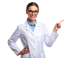  Confident Female Pharmacist Pointing Sideways, Facing Camera, Isolated on Transparent Background 