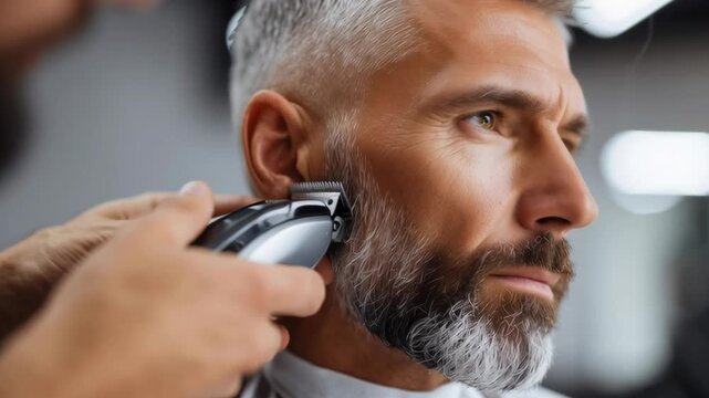 A balding man is getting his beard trimmed by another man. The man trimming the beard is using a pair of scissors to carefully shape the beard