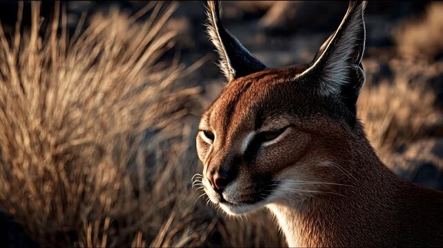 Close up of a caracal cat in natural habitat against blurred background