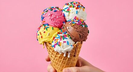 Studio shot: a hand holds an overflowing waffle cone stacked with assorted, brightly colored ice cream scoops.