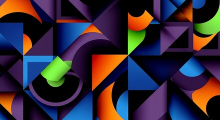 Abstract geometric composition featuring vibrant colors, shapes, and a sense of depth, creating a visually dynamic design.