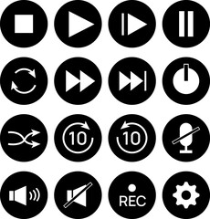 Media control buttons set, play, pause, stop, record, repeat, sound, and shuffle icons for interface, technology, and UI design