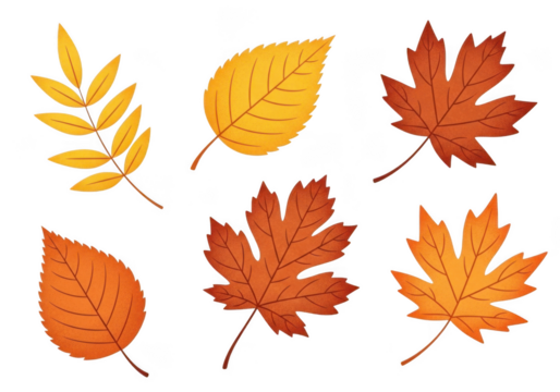 Collection of six different autumn leaves in various shapes and colors, including maple and rowan, isolated on transparent background