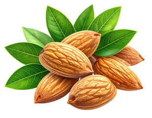  Fresh Almonds with Green Leaves Cluster, isolated on transparent background”