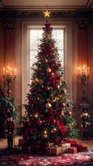 Luxurious Victorian Christmas tree with red bows and gold ornaments in grand parlor