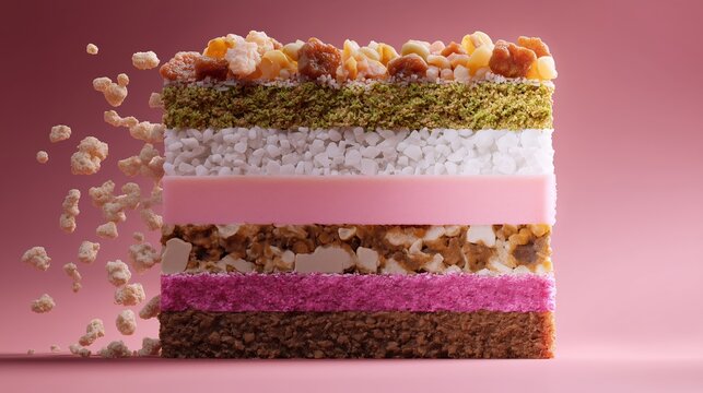 Colorful layered cake with toppings displayed on a pink background during a dessert showcase