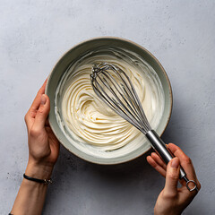 Whipped Cream in Mixing Bowl with Whisk