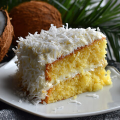 Coconut Layer Cake Slice with Cream Frosting