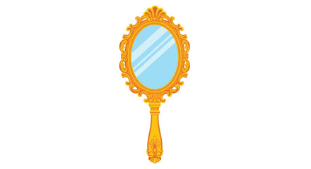 An ornate golden handheld mirror with a clear reflective surface