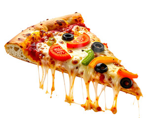 “Steaming Veggie Pizza Slice with Melting Cheese, isolated on transparent background” 