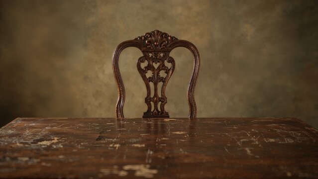 An ornate antique chair with a carved backrest behind a worn wooden table against a textured background.