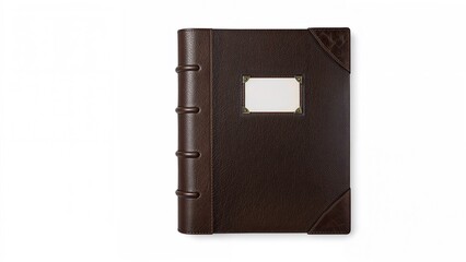 A leather-bound planner with metal corner protectors and a rectangular window on the cover.