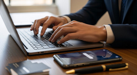 Businessman Typing on Laptop with Smartphone and Pen