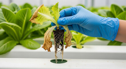 An agronomist's gloved hand holds a lettuce plant suffering from root rot and nutrient deficiency, inspecting its health in a hydroponic farm