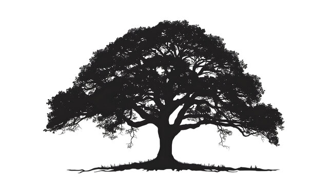 Vector illustration of a black tree silhouette with roots and leafless branches, suitable for nature and forest design elements