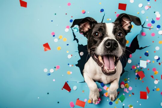 Dog peeking out animal confetti portrait.