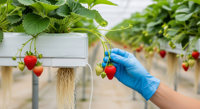Hydroponic farming A hand in blue gloves harvests ripe strawberries from a lush green farm